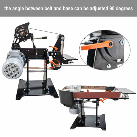 Heavy Duty Belt Sander With Variable Speed And Flip Orientations showing adjustable 90-degree angle between belt and base.