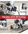 Professional Handheld Electric Circular Saw Featuring Quick Set Cutting Guide And High Torque Copper Motor Slams Right Through Plywood Tile And Plastic Pipes With Dead Steady 3500 Rpm Speed, demonstrating bevel and right angle cutting features.