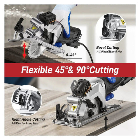 Professional Handheld Electric Circular Saw Featuring Quick Set Cutting Guide And High Torque Copper Motor Slams Right Through Plywood Tile And Plastic Pipes With Dead Steady 3500 Rpm Speed, demonstrating bevel and right angle cutting features.