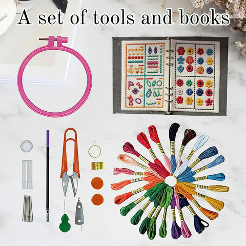 New Embroidery Kit With Full Toolkit And Step By Step Tutorial For Beginners And DIY Craft Lovers, embroidery threads displayed