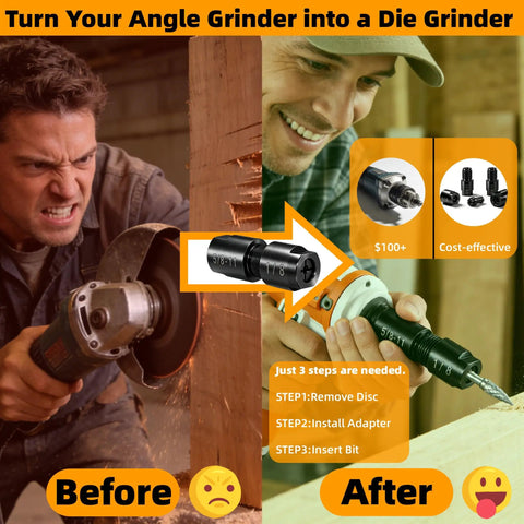 2-Pack 5/8-11 To 1/4 Inch And 1/8 Inch Die Grinder Adapter Set showing conversion from angle grinder to die grinder process