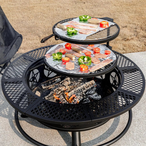 Close-up of 42 Inch 3 In 1 Fire Pit With Two Grills Lid And Tabletop Heavy Duty Outdoor Wood Burning Fire Pit with food grilling
