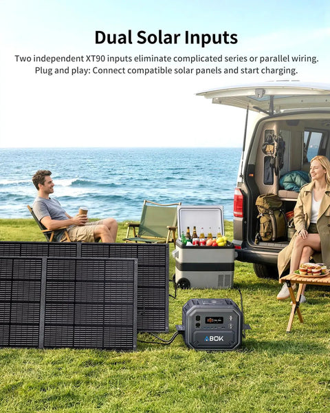 Rugged Portable Power Station Featuring 2160Wh Capacity And 2500W Pure Sine Wave Output Beast Mode Home Backup Kit with solar panels in outdoor setting.