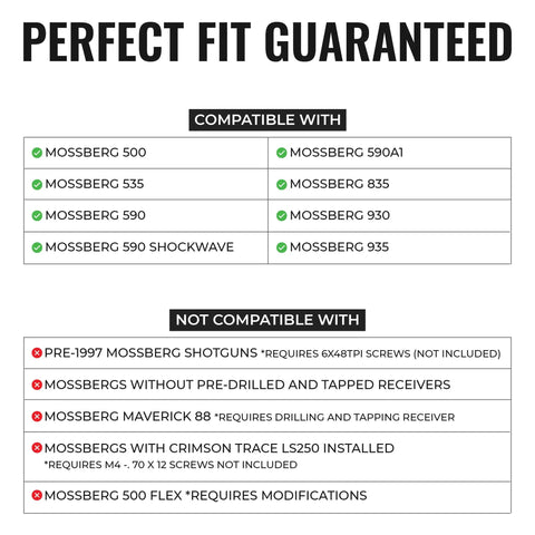Compatibility chart for Side Saddle Shell Holder For 500 590 And Shockwave Shotguns 6 Shell Carrier With 13 Slot Aluminum Rail Mount