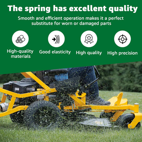 Drive Tensioner Spring 4 Pack For Raptor SD SDX Mowers Replacement Kit Keeps Belts Tight For Smooth Power Transfer 3 Inch By Half Inch Extension Springs Easy Install. mower in use with yellow deck