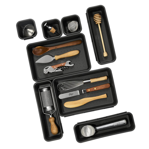 8 Piece Interlocking Bin Pack Junk Drawer Friendly Customizable Drawer Organizer Set with kitchen utensils displayed