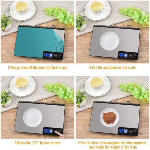 Steps to use 33 Pound Digital Kitchen Scale With Large 9 Inch Weighing Platform, Touch Control, LCD Display, Stainless Steel