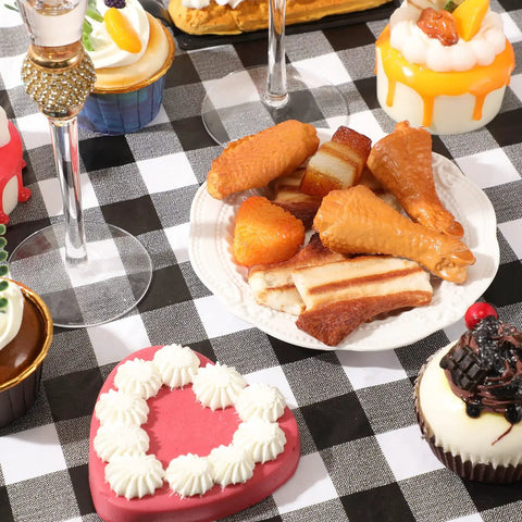 Outdoor Picnic Table Cover Set With Bench Covers 3 Piece Waterproof Vinyl Fitted Tablecloth Black And White Checkered Design with assorted desserts on a table.