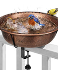 Top Shelf Deck Mounted Bird Bath Featuring Adjustable Heavy Duty Metal Clamp And All Weather Resistant Retro Bronze Finish Durable Plastic Basin Safe For Backyard Or Garden Use with birds bathing.