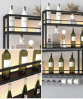 Top Shelf Wall Mounted Wine Rack With Dual Tier Wood And Metal Shelves For Bottles And Glasses Hella Ready Home Bar Display Stand That Knocks It Out Holding Your Liquor Collection In Matte Black with bottles and glasses.