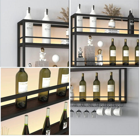 Top Shelf Wall Mounted Wine Rack With Dual Tier Wood And Metal Shelves For Bottles And Glasses Hella Ready Home Bar Display Stand That Knocks It Out Holding Your Liquor Collection In Matte Black with bottles and glasses.