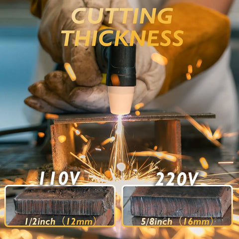 Beast 50A Dual Voltage Plasma Cutter cutting metal, showing LCD display and air pressure readout, 110V and 220V operation