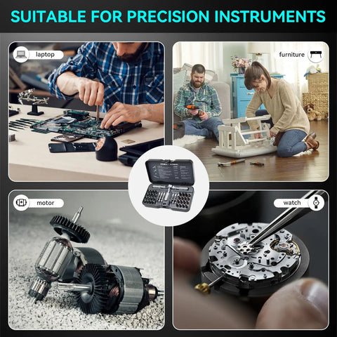40 In 1 Precision Magnetic Ratchet Screwdriver Set with Case and 40 Bits used for electronics and furniture repair, DIY tasks.