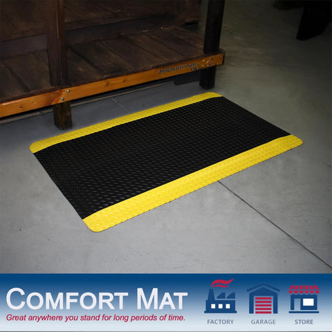 Rugged Workhorse Industrial Heavy Duty Vinyl Anti Fatigue Floor Mat With Diamond Tread For Secure Footing And Cushioned Comfort Thick Sponge Backing 2 By 3 Feet Black With Yellow Border