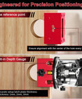 Heavy Duty Door Latch Mortise Tool For Router Clamp On Door Mount with depth gauge for precision cutting on wood surface.