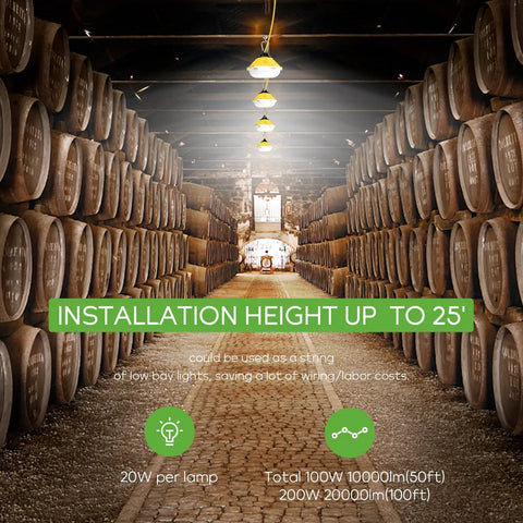 Aluminum Housing LED Construction String Lights 50 Ft 100W 10000 Lumens Work Light With 3-Prong Plug ETL Listed Temporary Job Site Lighting Portable And Extendable With Hooks On Each Lamp