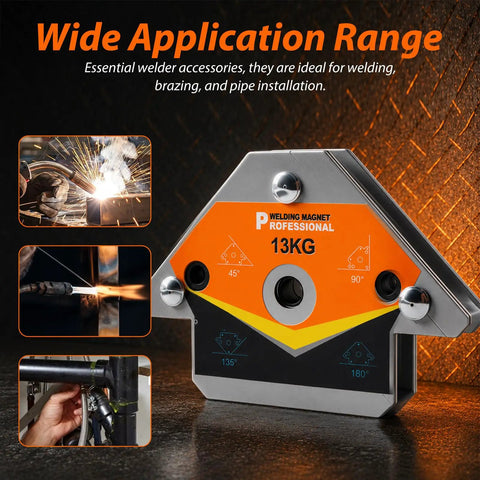 Powerful Welding Magnets Set 2 Pieces For 45 90 135 Degree Angles Heavy Duty Magnetic Positioning Tools on a textured surface.