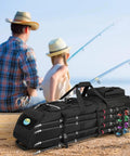 Rugged Fishing Backpack That Holds Eight Rods And Reels Tackle Box Ready Gear Bag with compartments and Molle system on wooden pier