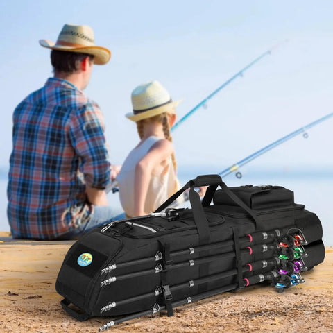 Rugged Fishing Backpack That Holds Eight Rods And Reels Tackle Box Ready Gear Bag With Two Large Compartments And One Small Zipper Pocket Durable Rod