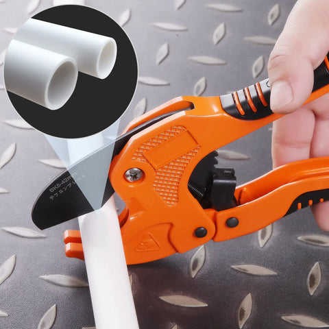 Ratcheting Pipe Cutter for PVC PEX and PPR Tubing, One Hand Operation, Fast Clean Cuts With Ratchet Drive, Cuts Up To One And A Quarter Inch Outer Diameter, Easy to Use Hose and Tube Cutter