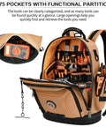 Heavy Duty Tool Backpack With Combo Lock And Dual Canvas Pouches Built Like A Tank For Electricians And Contractors Kicking It High On The Daily Grind In Brown showcasing 75 organized tool pockets.