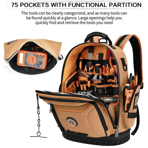 Heavy Duty Tool Backpack With Combo Lock And Dual Canvas Pouches Built Like A Tank For Electricians And Contractors Kicking It High On The Daily Grind In Brown showcasing 75 organized tool pockets.