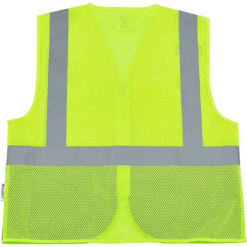 Stay Dead Visible On The Job With This Class 2 Hi Vis Safety Vest Breathable Lime Black Mesh Work Gear Zip Front Radio Mic Tab Reflective Strips Built Solid For Road Crews Large Xl back view showing lime mesh and reflective strips.