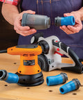 FlexiPort Dust Canister With Four Flexible Couplers for Power Tools 10 Micron Air Filtration setup on a woodworking table