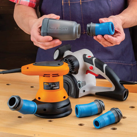FlexiPort Dust Canister With Four Flexible Couplers for Power Tools 10 Micron Air Filtration setup on a woodworking table