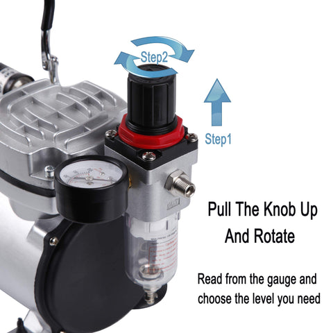 Close-up of airbrush kit with compressor AS18-2K showing pressure regulator with gauge and instructions for adjusting pressure.