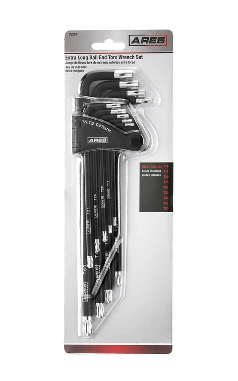 Packaging of 13-Piece SAE Long Arm Ball End Hex Key Set With Chrome Finish, Red High-Visibility Anti-Slip Coating, and Storage Case
