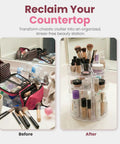 Image of 360 Degree Rotating Makeup Organizer For Countertop With Adjustable Shelf Height, before and after countertop organization.
