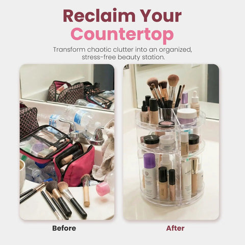 Image of 360 Degree Rotating Makeup Organizer For Countertop With Adjustable Shelf Height, before and after countertop organization.