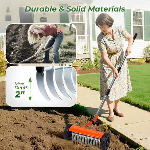 Roller Dethatching Rake With Wheels For Easy Push Across Your Lawn 76.8 Inch Adjustable Handle 2Mm Stainless Steel Blades