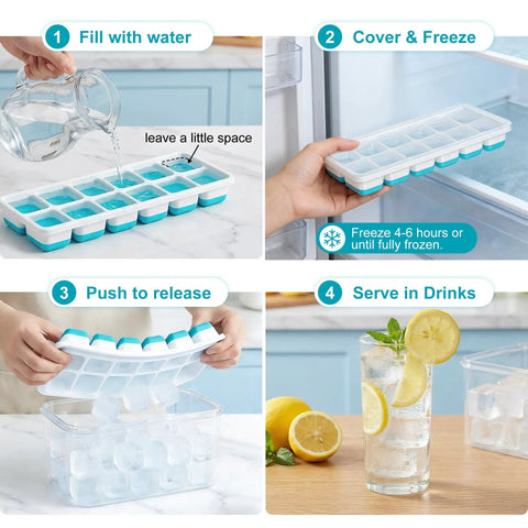 Stackable Silicone Ice Cube Trays With Leakproof Lids And Compact Storage Container Four Pack Bpa Free Flexible Molds For Easy Peasy Cocktails And Iced Coffee
