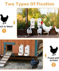 Top Shelf Hanging Chicken Grit And Oyster Shell Feeder Metal Coop Staple That Kills Feed Waste Cold And Keeps Your Flock Well Supplied Happy Healthy And Laying Eggs Flat Out Best For All Flock Ages White Twin Pack with installation details in coop and mesh.