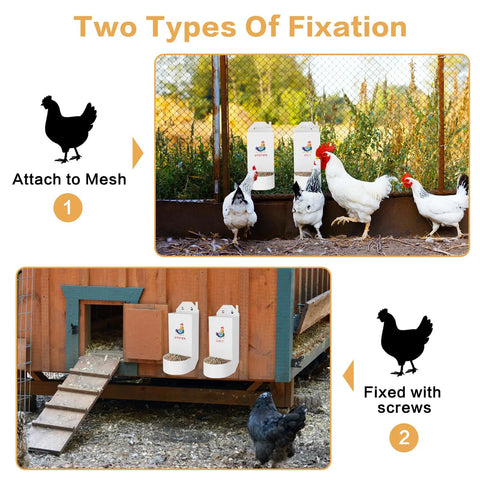 Two types of fixation for Heavy Gauge Hanging Chicken Grit And Oyster Shell Feeder, mesh attachment and screw fixing.