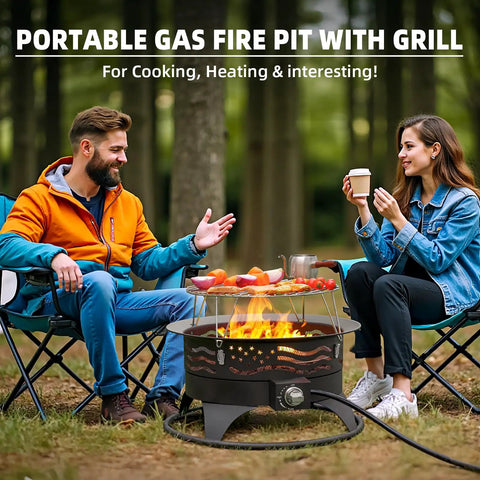 People enjoying 24 Inch Portable Propane Fire Pit With Grill, 60,000 BTU Smokeless Outdoor Gas Firepit in a forest setting.