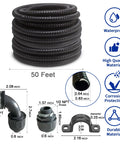 Ultra Flexible Liquid Tight PVC Electrical Conduit Kit, Half Inch Diameter, Fifty Feet, Black Finish with accessories and dimensions.