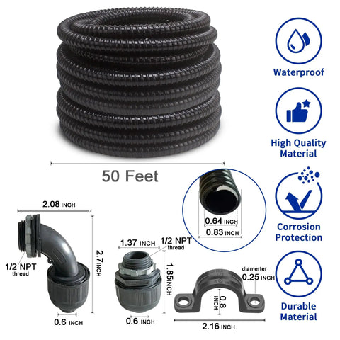 Ultra Flexible Liquid Tight PVC Electrical Conduit Kit, Half Inch Diameter, Fifty Feet, Black Finish with accessories and dimensions.