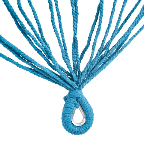 Close-up of blue cotton rope details from Two Person Double Brazilian Cotton Outdoor Hammock With 450 Pound Capacity, 115 Inch Long Rope Hammock