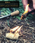 Waxed Jute Tinder Rope Fire Starter Kit Weather Resistant Kindling For Campfires Grab And Go Stoves And Fire Pits Waterproof Emergency Fire Kit 2 Pack With Bellow For Quick Ignition Spark being ignited with a ferro rod.