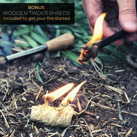 Waxed Jute Tinder Rope Fire Starter Kit Weather Resistant Kindling For Campfires Grab And Go Stoves And Fire Pits Waterproof Emergency Fire Kit 2 Pack With Bellow For Quick Ignition Spark being ignited with a ferro rod.