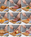 Person using Beast All In One Knife Sharpening Stone Set With Dual Grit Whetstones 400 1000 And 3000 8000, Leather Strop, Bamboo Base for slicing food