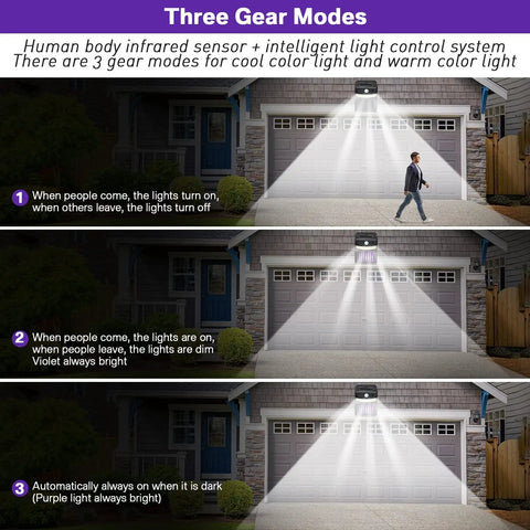 Three images showing 4 Pack Outdoor Bug Zapper 3 In 1 Mosquito Killer Lamp Solar Powered with motion sensor lighting different scenarios.