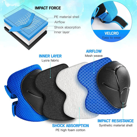 Kids 3 In 1 Protective Gear Set Knee Pads Elbow Pads And Wrist Guards For Ages 7 To 13 Blue showing layers and material details
