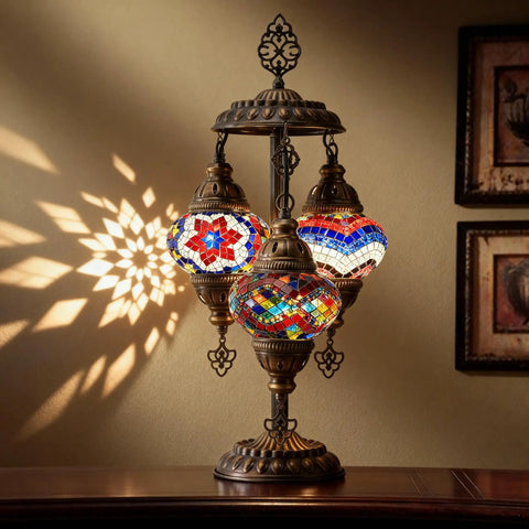 Boho Mosaic Glass Triple Globe Turkish Table Lamp with Handmade Moroccan Lampshade in Purple 21 Inch Tall US Plug and E12 Socket