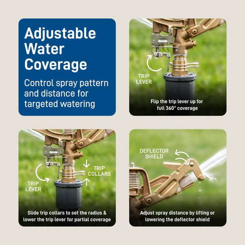 Heavy Duty Brass Impact Sprinkler Head Offering Close And Far Coverage With Dual Nozzles For Total Lawn Protection With Robust 3/4 In Mpt Connection And Heavy Duty Brass Build Without Kinking Or Failure In Your Garden Setup, featuring adjustable trip lever and deflector shield.