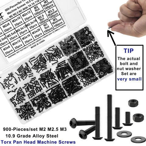900 Pieces Torx Button Head Screws Set M2 M2.5 M3 Bolts Nuts Washers Star Drive Round Head Machine Screws 10.9 Grade Alloy Steel