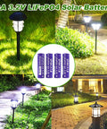 4 Pack AA 3.2V LiFePo4 650mAh Solar Rechargeable Batteries For Garden Lights Long Lasting Power Safe Lithium Iron Phosphate Cells Ideal Replacement For Solar Outdoor Lighting And Path Lights shown powering garden lights at night